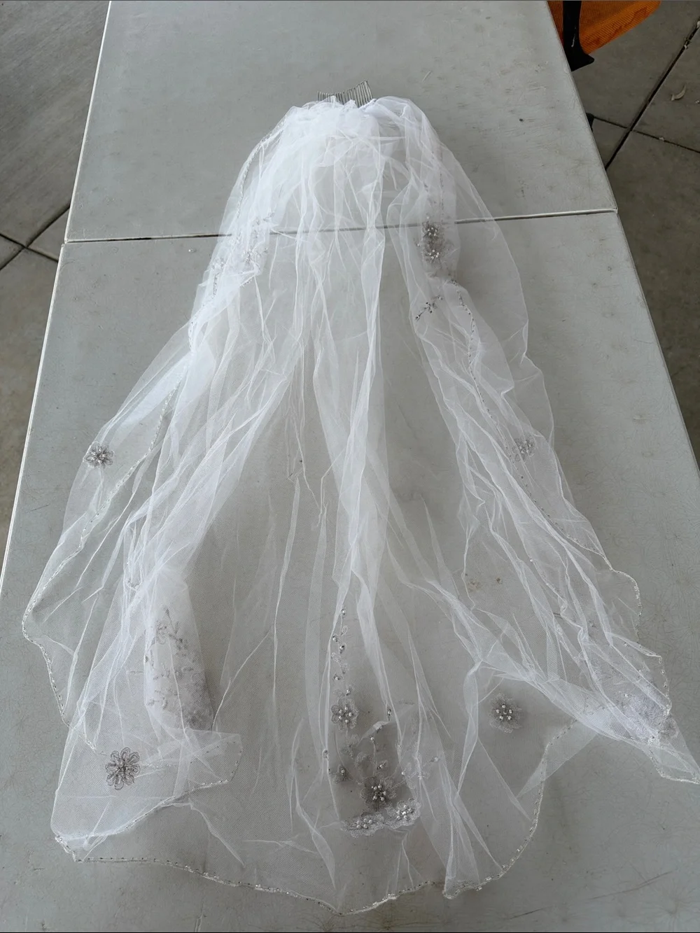 White Bridal Veil with Beaded Floral Appliqués